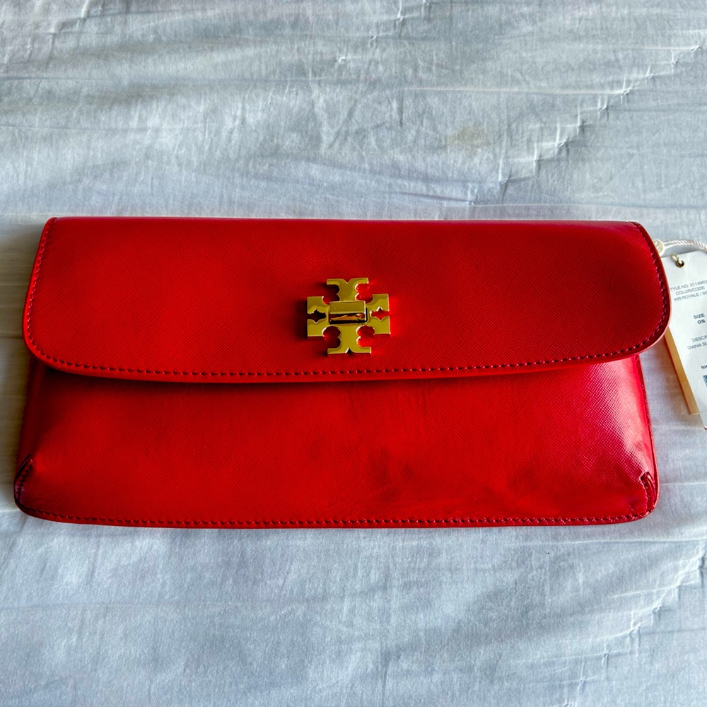 Tory Burch red leather clutch